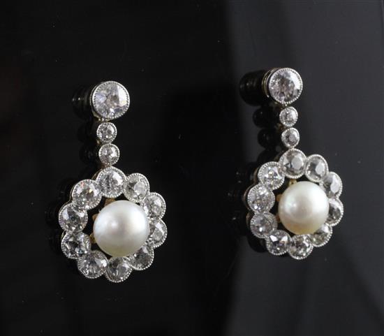 A pair of gold and platinum, cultured pearl and diamond cluster drop earrings, 1in.
